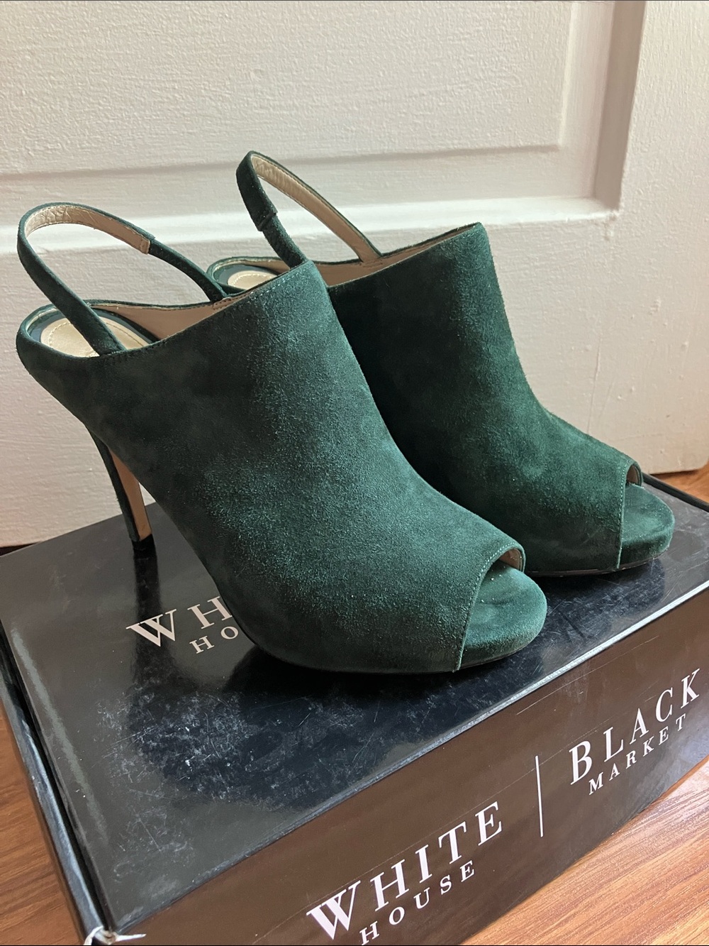 White House Black Market Ariella Dark Green Suede Peep-Toe Heels